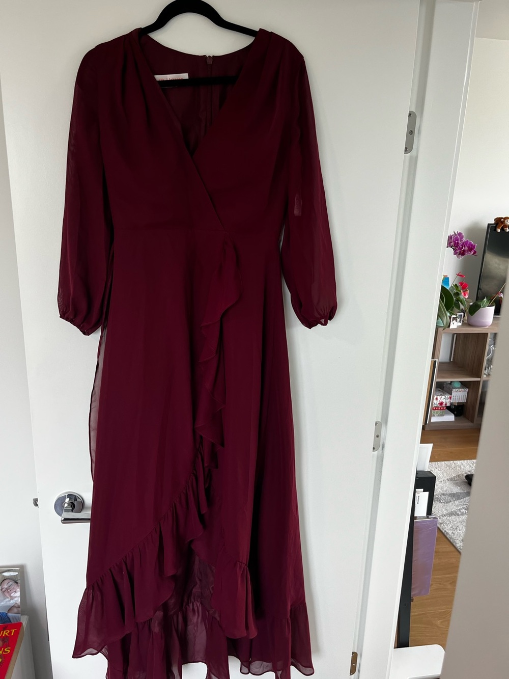 JJs House Burgundy Ruffle Wrap Maxi Dress